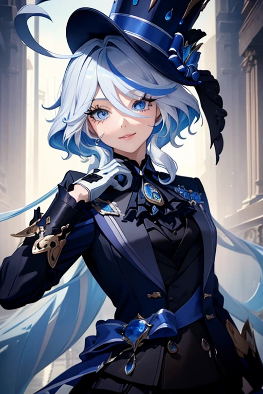 Masterpiece, best quality, expressive eyes, perfect face, 1girl, full body, furina (\Genshin Impact)\, black headwear, white gloves, ascot, ((black shorts)), detailed lips, beautiful long eyelashes, lustrous skin, top hat, blue eyes, blue hair, streaked hair, white hair, upper body, smile