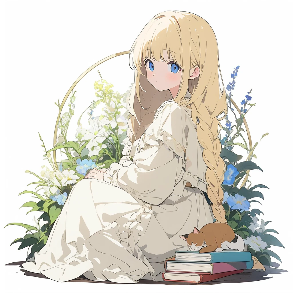 (Pure white background:1.8),anime style, blond girl with a black hat sitting on top of books and a cat, patterned background, full body portrait, surrounded by flowers and plants, retro patterns, dark green and light yellow, intricate details, high resolution, vintage style. --ar 3:4 --niji 6 --s 1000 --style raw,((figure、High quality 8k))、(highest quality、masterpiece、High resolution、detailed)、animeスタイル、Flat Style, BREAK,flat color, flat shading、extremely detailed、eyes shining colors illuminated light, Delicate and beautiful face, (The Shining), Best lighting, Best Shadow、High saturation,Dynamic Angle、Moe anime official art、anime