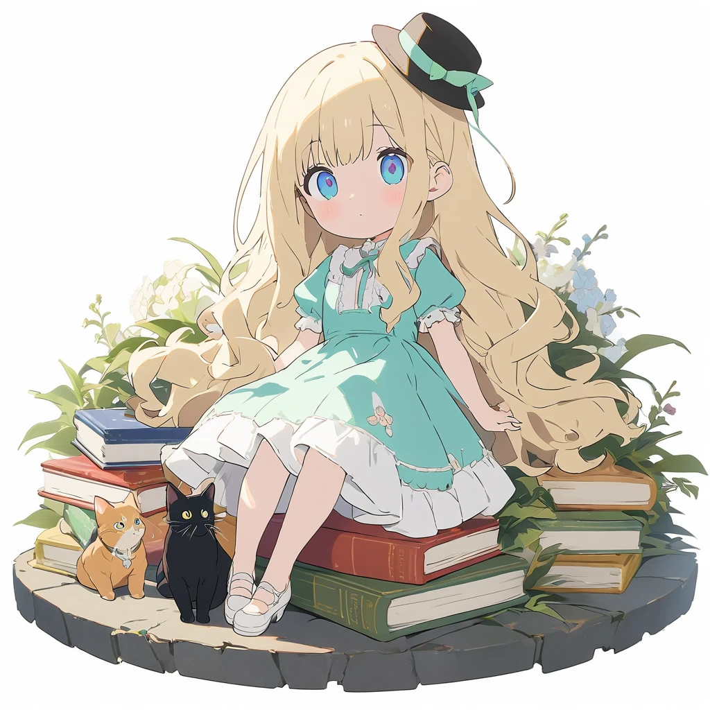 (Pure white background:1.8),anime style, blond girl with a black hat sitting on top of books and a cat, patterned background, full body portrait, surrounded by flowers and plants, retro patterns, dark green and light yellow, intricate details, high resolution, vintage style. --ar 3:4 --niji 6 --s 1000 --style raw,((figure、High quality 8k))、(highest quality、masterpiece、High resolution、detailed)、animeスタイル、Flat Style, BREAK,flat color, flat shading、extremely detailed、eyes shining  colors illuminated light, Delicate and beautiful face, (The Shining), Best lighting, Best Shadow、High saturation,Dynamic Angle、Moe anime official art、anime