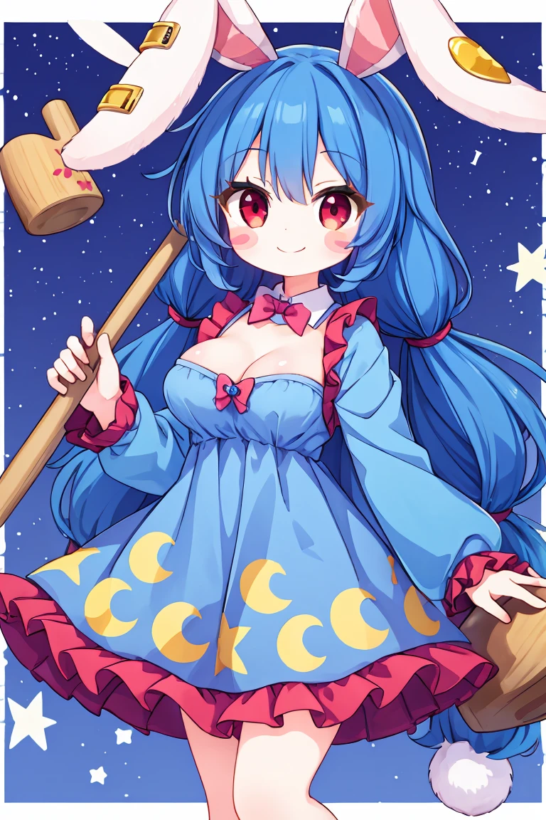 1girl, breasts, long hair, blue hair, rabbit ears, animal ears, frills, red eyes, looking at viewer, blush, ear clip, mallet, holding, blue dress, blush stickers, crescent print, star print, smile