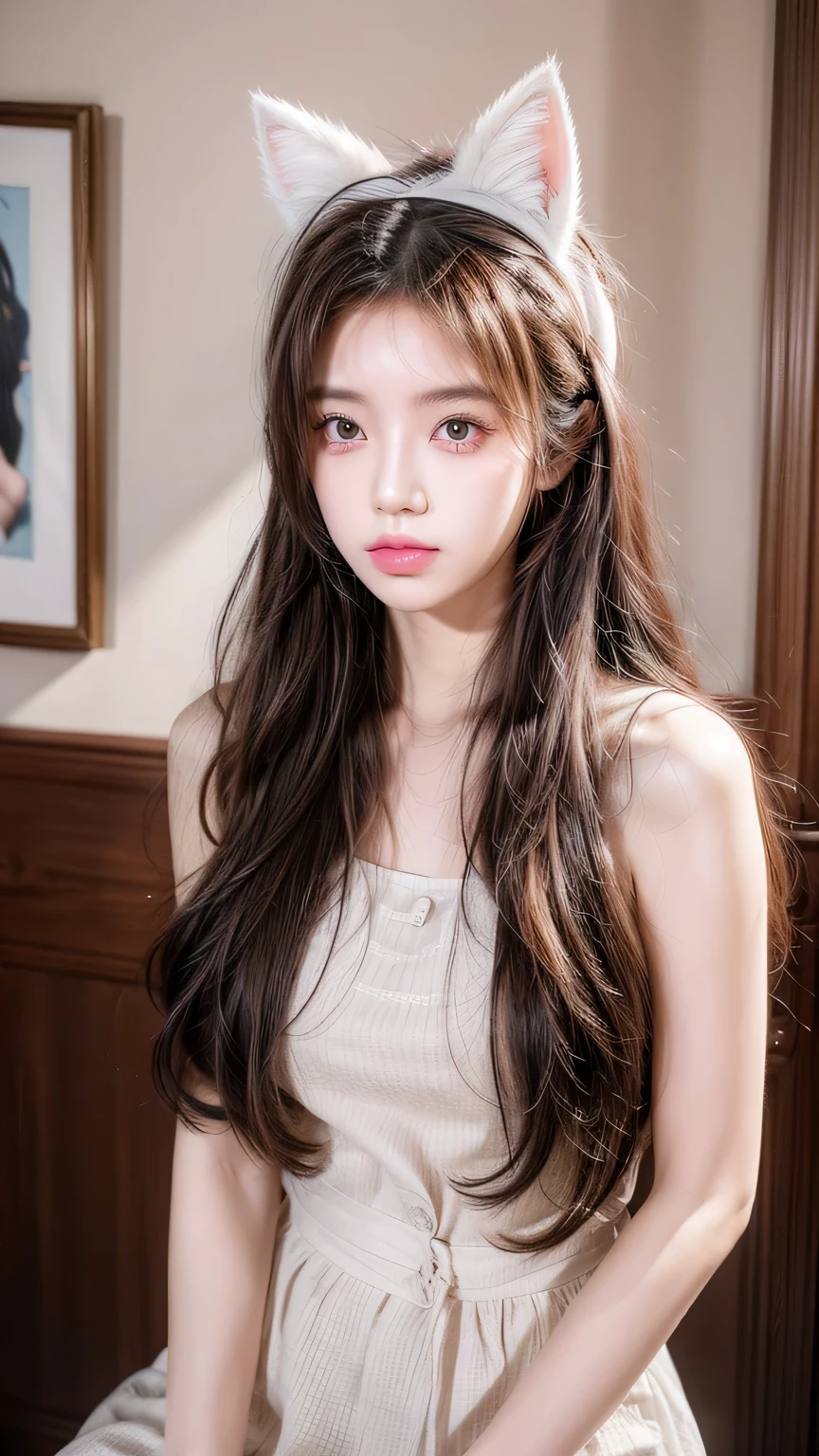 Sweet Girl，Long hair, low-tied Long hair, Nurse hat, eyeball, big eyes, Cat ears, cosmetic, Ultra-realism, Ultra-realism, modern Art, realism, image Fill, contour, Chiaroscuro, First-person view, F/1.8, Ultra HD, masterpiece, 16K, 8k