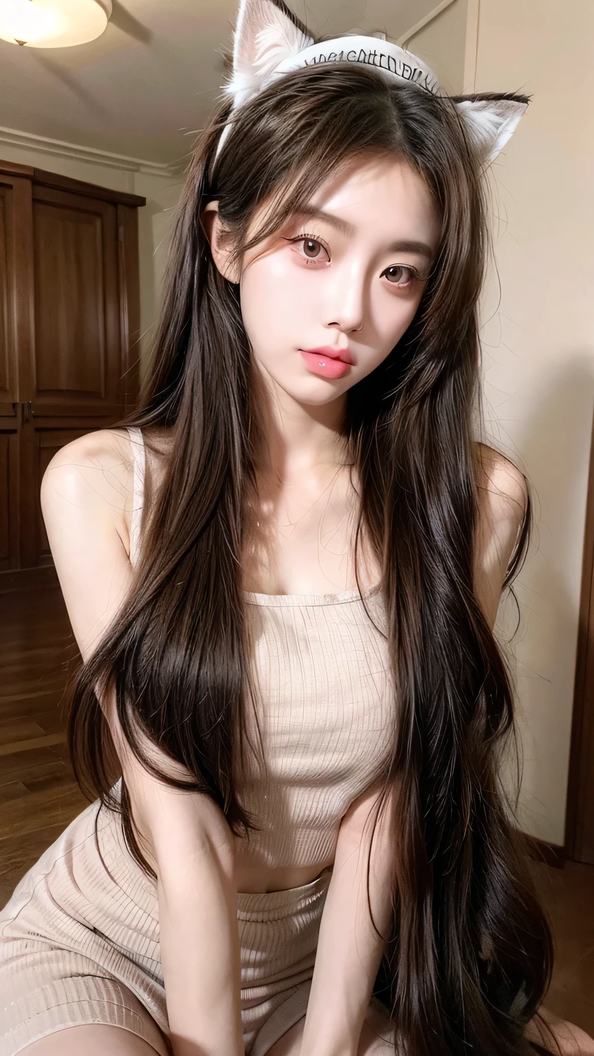 Sweet Girl,Long hair, low-tied Long hair, Nurse hat, eyeball, big eyes, Cat ears, cosmetic, Ultra-realism, Ultra-realism, modern Art, realism, image Fill, contour, Chiaroscuro, First-person view, F/1.8, Ultra HD, masterpiece, 16K, 8k
