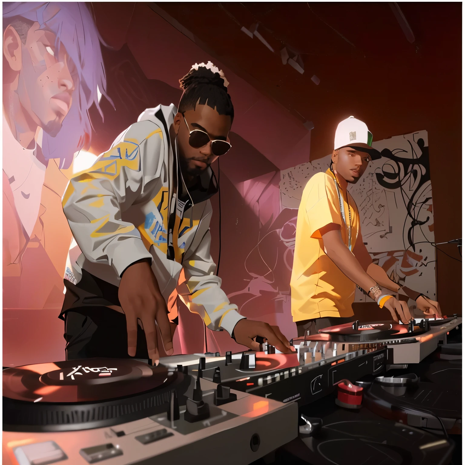 they are two men playing music on a DJ's turntables, DJing with DJ turntables, turntablism DJ scratching, toca-discos, DJ at a , DJ, turntables, DJ set, 2 rappers no palco em show, hip-hop, hip-hop, artista desconhecido, artista desconhecido, DJ sura, absolutamente, realizando um videoclipe