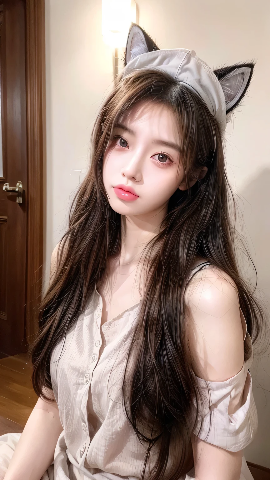 Sweet Girl,Long hair, low-tied Long hair, Nurse hat, eyeball, big eyes, Cat ears, cosmetic, Ultra-realism, Ultra-realism, modern Art, realism, image Fill, contour, Chiaroscuro, First-person view, F/1.8, Ultra HD, masterpiece, 16K, 8k