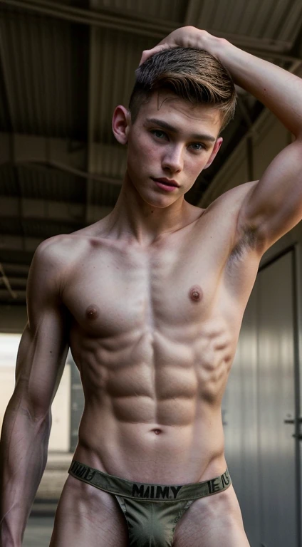 photo, cute very skinny gay 18yo military twinks competing in a male beauty pagent, help a cute military boy shirtless, wearing an army thong , caring in a military war camp,hyperealistic ,4k, weak, not muscular,