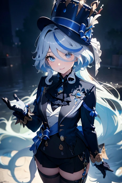 Masterpiece, best quality, expressive eyes, perfect face, 1girl, full body, furina (\Genshin Impact)\, black headwear, white gloves, ascot, ((black shorts)), detailed lips, beautiful long eyelashes, lustrous skin, top hat, blue eyes, blue hair, streaked hair, white hair, upper body, smile