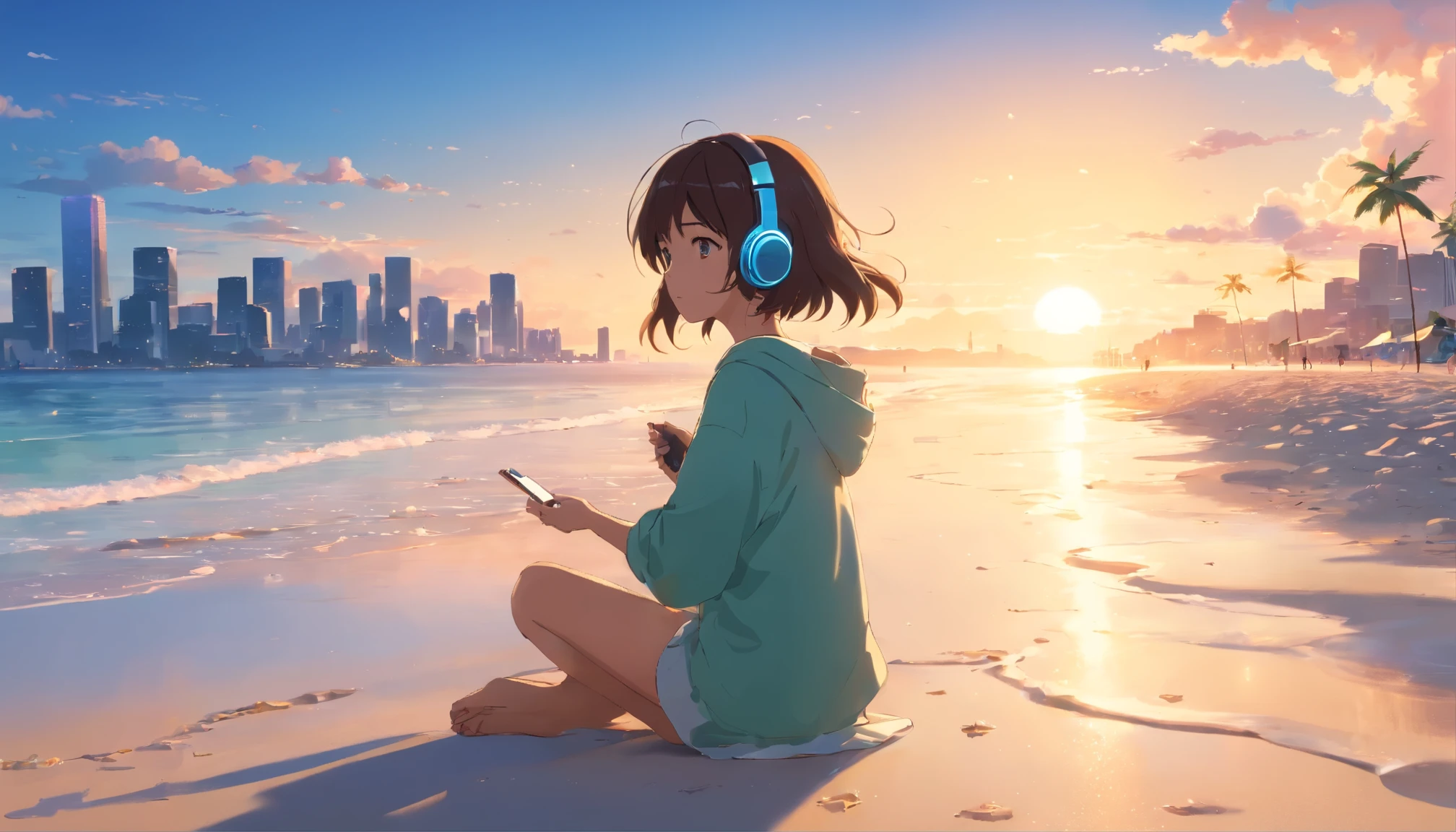 (best quality,4k,8k,highres,masterpiece:1.2),ultra-detailed,beautiful girl listening to music on the sandy beach,wearing headphones,silhouette view,glowing in the backlight,expansive ocean in the background,city pop music playing,anime-style artwork