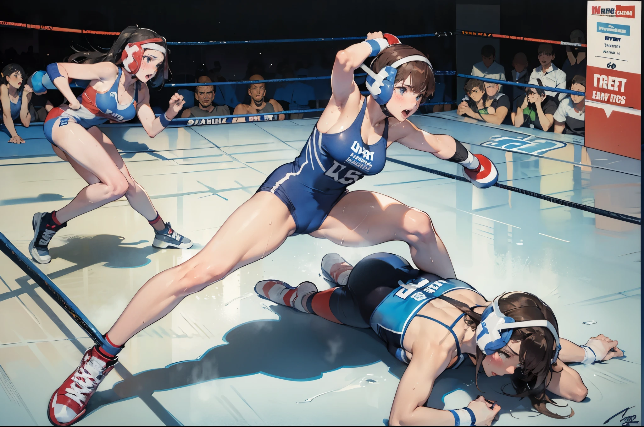 (super flat, flat shading), Honors Type, Really blushing, , (street fighting:1.5), 2girls, (fighting:1.5), (wrestling move:1.5),wearing street fashion, wedgie:1.5, cameltoe:1.7, sports shoes, ponytail brown hair, sweaty healthy body, sweaty soaking wet full body, bare legs, navel, ultra realistic, breeze, in crowded public beach,