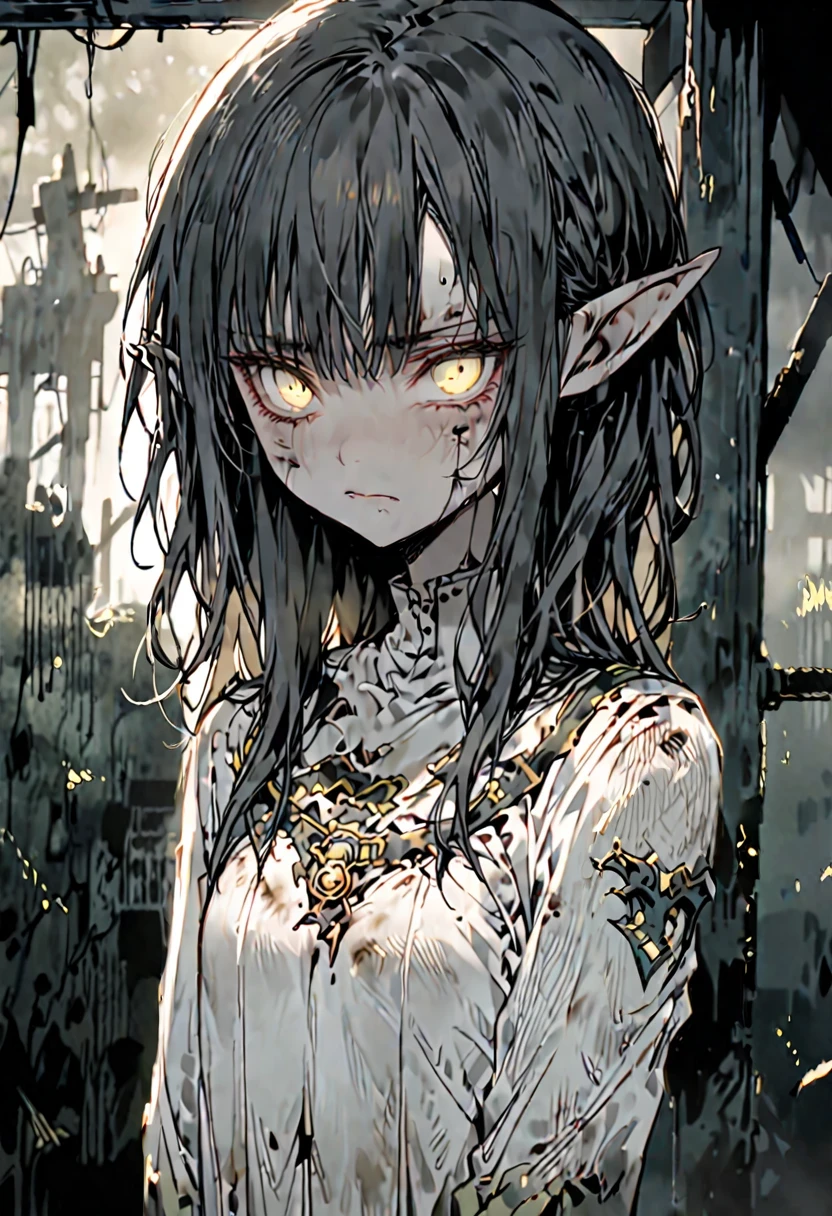 solo, female, elf, pointed ears, faded long black hair, decaying, matted white dress, milky yellow eyes, serious, sad, flat chest