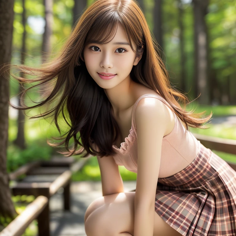 Photo-realistic quality、Forest Path、A Japanese woman in her fifties wearing an earth-colored top squatting on a bench, Thin shoulder straps、Checked mini skirt、realistic Young Gravure Idol, Beautiful Japanese girl face, Young and cute gravure idol, Young Gravure Idol, Japanese Model, Young Sensual Gravure Idol, Young and skinny gravure idol, Beautiful girl model, long hair japanese girl, A sophisticated gravure idol、looking at the camera、A soft and gentle look、Cute smile