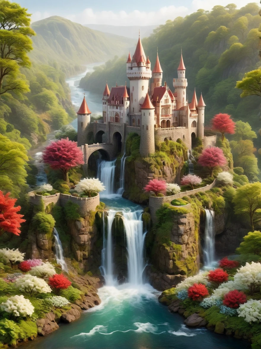 This is a miniature scene.，Create an image of a spectacular and mystical realm. At the center, there is an intricate castle, its architecture beautifully adorned with shades of white, off-white, and maroon. The castle is settled on a piece of land that's encircled by a shimmering water body, lush vegetation, and vibrant blooms. Captivating waterfalls trickling down in numerous places contribute to its magical vista. From a distance, bridges can be observed, linking this island-like scenery to the outer lands. A gentle sunrise casts a warm glow on the castle, illuminating its beauty, while a light mist hovers low over the water creating a stunning aura, Lush Landscape, spring, rain, Soft Mist,HD natural light, Tilt-Shift Photography, Photography, Octane Rendering