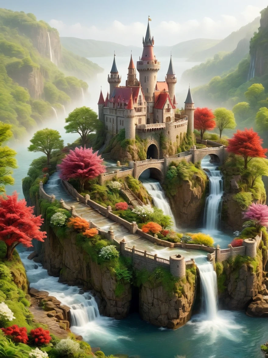 This is a miniature scene.，Create an image of a spectacular and mystical realm. At the center, there is an intricate castle, its architecture beautifully adorned with shades of white, off-white, and maroon. The castle is settled on a piece of land that's encircled by a shimmering water body, lush vegetation, and vibrant blooms. Captivating waterfalls trickling down in numerous places contribute to its magical vista. From a distance, bridges can be observed, linking this island-like scenery to the outer lands. A gentle sunrise casts a warm glow on the castle, illuminating its beauty, while a light mist hovers low over the water creating a stunning aura, Lush Landscape, spring, rain, Soft Mist,HD natural light, Tilt-Shift Photography, Photography, Octane Rendering