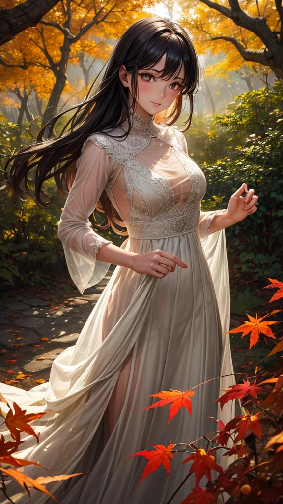 (best quality,highres,realistic)A girl walking through a row of trees, surrounded by the vibrant colors of autumn foliage. The girl, in her mid-30s, has sleek black hair that cascades down her back and striking red eyes that reflect the beauty of the season. She exudes a sense of joy and excitement as she explores the picturesque scene.
Her perfect body is accentuated by her autumn attire, which complements the colors of nature. The fabric drapes delicately over her modest breasts, adding a touch of elegance to her appearance. With each step, her movements are graceful, and her hands are exquisitely detailed, expressing her excitement.
The background is meticulously crafted, immersing the girl in a serene and enchanting forest. The trees form a stunning row, their branches adorned with leaves of various warm hues. The surrounding environment is rich in detail, with leaves gently fluttering to the ground and a gentle breeze rustling through the trees.
The sky above is a mesmerizing display of colors, blending shades of orange, red, and gold, casting a warm glow upon the scene. The sunlight filters through the branches, creating captivating patterns of light and shadow on the forest floor.
Every element of this artwork is created with the highest level of realism, showcasing the finest details. The girl's eyes are extraordinary, reflecting her curiosity and zest for life. Her body and clothing are intricately portrayed, bringing them to life on the canvas. The hand that delicately brushes aside the leaves is so realistic that one can almost feel the touch.
The overall color palette of the artwork is carefully curated to enhance the autumn ambiance, with warm and earthy tones dominating the composition. The lighting is carefully designed to accentuate the girl's features and create a harmonious atmosphere.
This artwork is a masterpiece, capturing the beauty of autumn and the joy of exploration. It invites viewers to immerse themselves in the scene, appreciating t