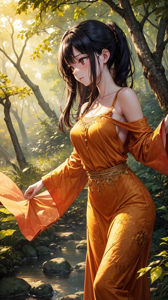 (best quality,highres,realistic)A girl walking through a row of trees, surrounded by the vibrant colors of autumn foliage. The girl, in her mid-30s, has sleek black hair that cascades down her back and striking red eyes that reflect the beauty of the season. She exudes a sense of joy and excitement as she explores the picturesque scene.
Her perfect body is accentuated by her autumn attire, which complements the colors of nature. The fabric drapes delicately over her modest breasts, adding a touch of elegance to her appearance. With each step, her movements are graceful, and her hands are exquisitely detailed, expressing her excitement.
The background is meticulously crafted, immersing the girl in a serene and enchanting forest. The trees form a stunning row, their branches adorned with leaves of various warm hues. The surrounding environment is rich in detail, with leaves gently fluttering to the ground and a gentle breeze rustling through the trees.
The sky above is a mesmerizing display of colors, blending shades of orange, red, and gold, casting a warm glow upon the scene. The sunlight filters through the branches, creating captivating patterns of light and shadow on the forest floor.
Every element of this artwork is created with the highest level of realism, showcasing the finest details. The girl's eyes are extraordinary, reflecting her curiosity and zest for life. Her body and clothing are intricately portrayed, bringing them to life on the canvas. The hand that delicately brushes aside the leaves is so realistic that one can almost feel the touch.
The overall color palette of the artwork is carefully curated to enhance the autumn ambiance, with warm and earthy tones dominating the composition. The lighting is carefully designed to accentuate the girl's features and create a harmonious atmosphere.
This artwork is a masterpiece, capturing the beauty of autumn and the joy of exploration. It invites viewers to immerse themselves in the scene, appreciating t