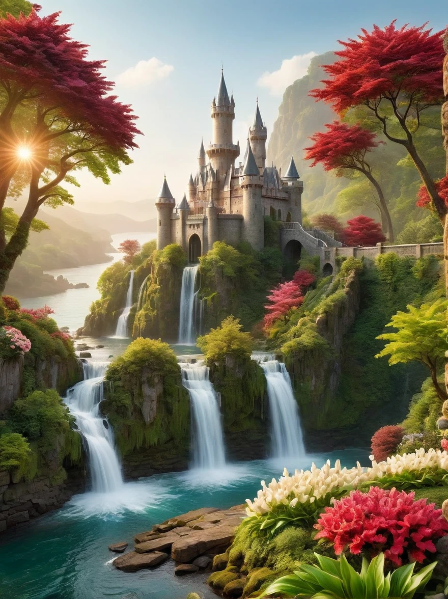 Create an image of a spectacular and mystical realm. At the center, there is an intricate castle, its architecture beautifully adorned with shades of white, off-white, and maroon. The castle is settled on a piece of land that's encircled by a shimmering water body, lush vegetation, and vibrant blooms. Captivating waterfalls trickling down in numerous places contribute to its magical vista. From a distance, bridges can be observed, linking this island-like scenery to the outer lands. A gentle sunrise casts a warm glow on the castle, illuminating its beauty, while a light mist hovers low over the water creating a stunning aura.