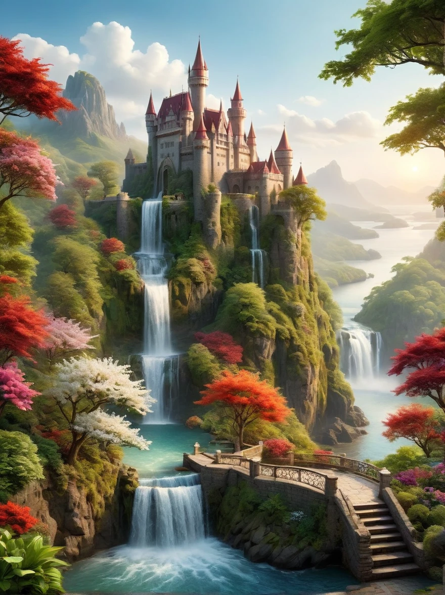 Create an image of a spectacular and mystical realm. At the center, there is an intricate castle, its architecture beautifully adorned with shades of white, off-white, and maroon. The castle is settled on a piece of land that's encircled by a shimmering water body, lush vegetation, and vibrant blooms. Captivating waterfalls trickling down in numerous places contribute to its magical vista. From a distance, bridges can be observed, linking this island-like scenery to the outer lands. A gentle sunrise casts a warm glow on the castle, illuminating its beauty, while a light mist hovers low over the water creating a stunning aura.