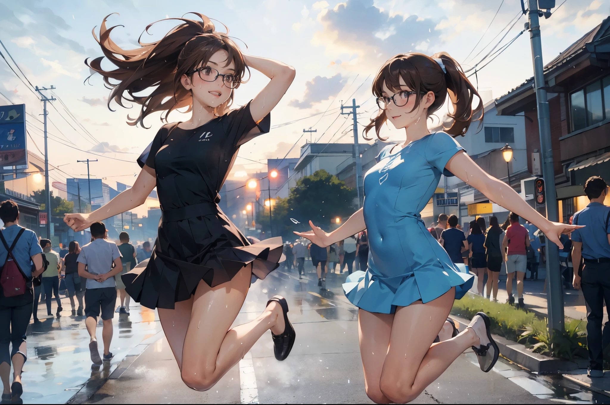 (super flat, flat shading), Honors Type, Really blushing, , high school girl, wearing short sleeves one-piece dress:1.5, mini skirt fluttering in the wind, Loafer, ponytail brown hair, Glasses, sweaty healthy body, sweaty soaking wet full body, smile, bare legs, armpit, navel, ultra realistic, early morning, breeze, (jumping:1.2), in crowded public street, 