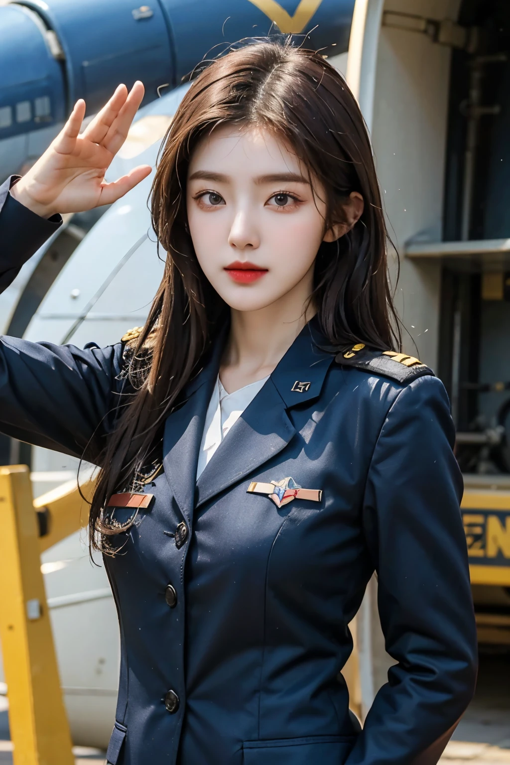 Woman in air force uniform standing in front of a jet and posing for a photo, korean beauty, brown air force uniform, salute posture, pilot,