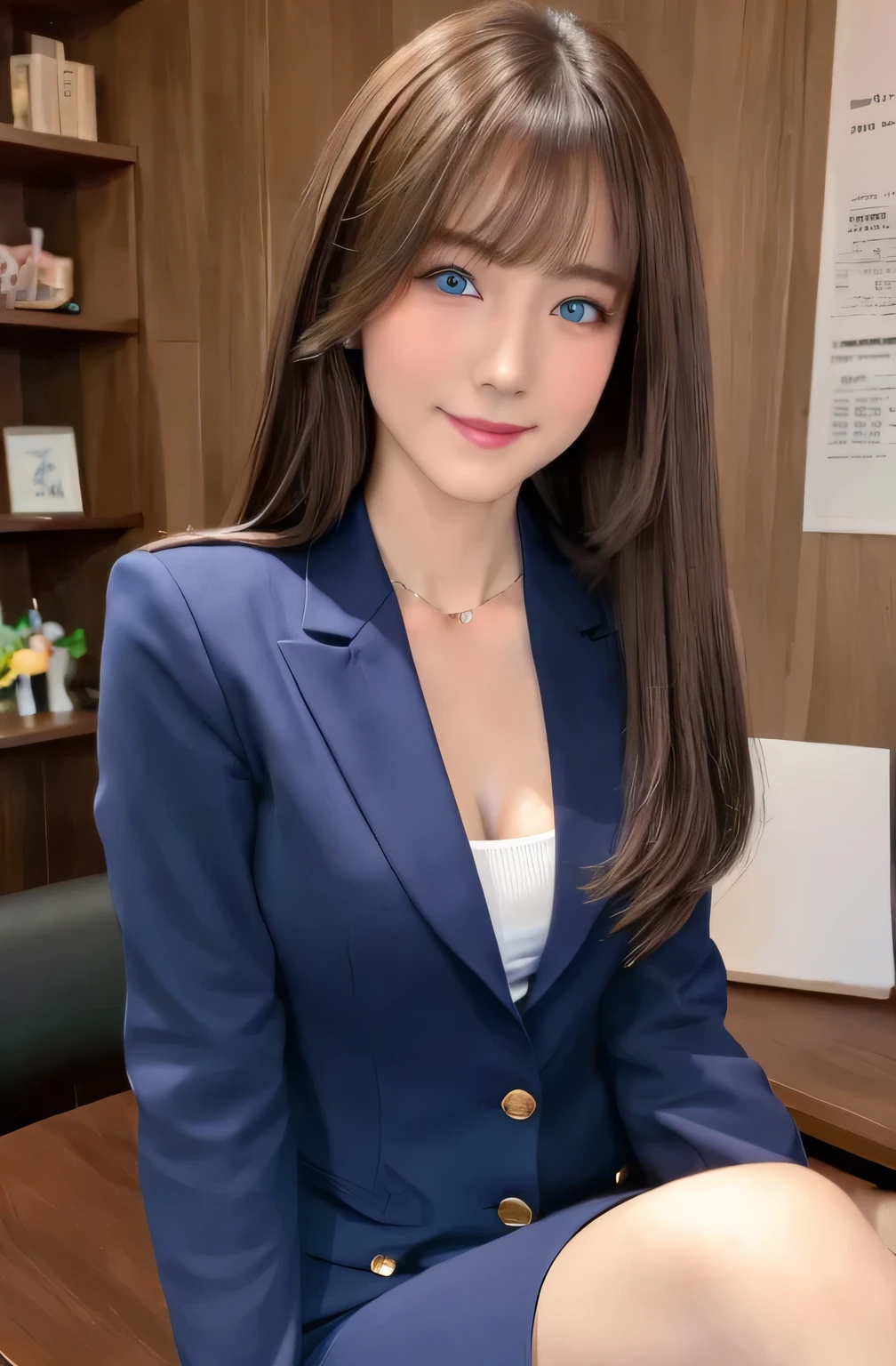masterpiece, 1 mature woman per photo, Front view, Cute Japanese Pioneer Girl, Long Bob Hair, Very cute face, Glossy Lips, Double eyelids on both eyes, Natural Makeup, (Brown Hair , Long Bob Hair), Asymmetrical bangs, High resolution, Attention to detail, Detailed hairstyle, Detailed face, Cinema Lighting, Octane Rendering, Ultra-realistic, Perfect limbs, Perfect Anatomy, Black choker, blue eyes, Big Breasts, ((The body is slim:1.5)), Cool Beauty, Slim face, smile, Fantasy World, ((Straight Long Hair)), Wooden wall, Wooden desk, Wooden chair, Big Breasts, (uniform, Navy blue blazer), document, coin, book, Quill pen, Sitting