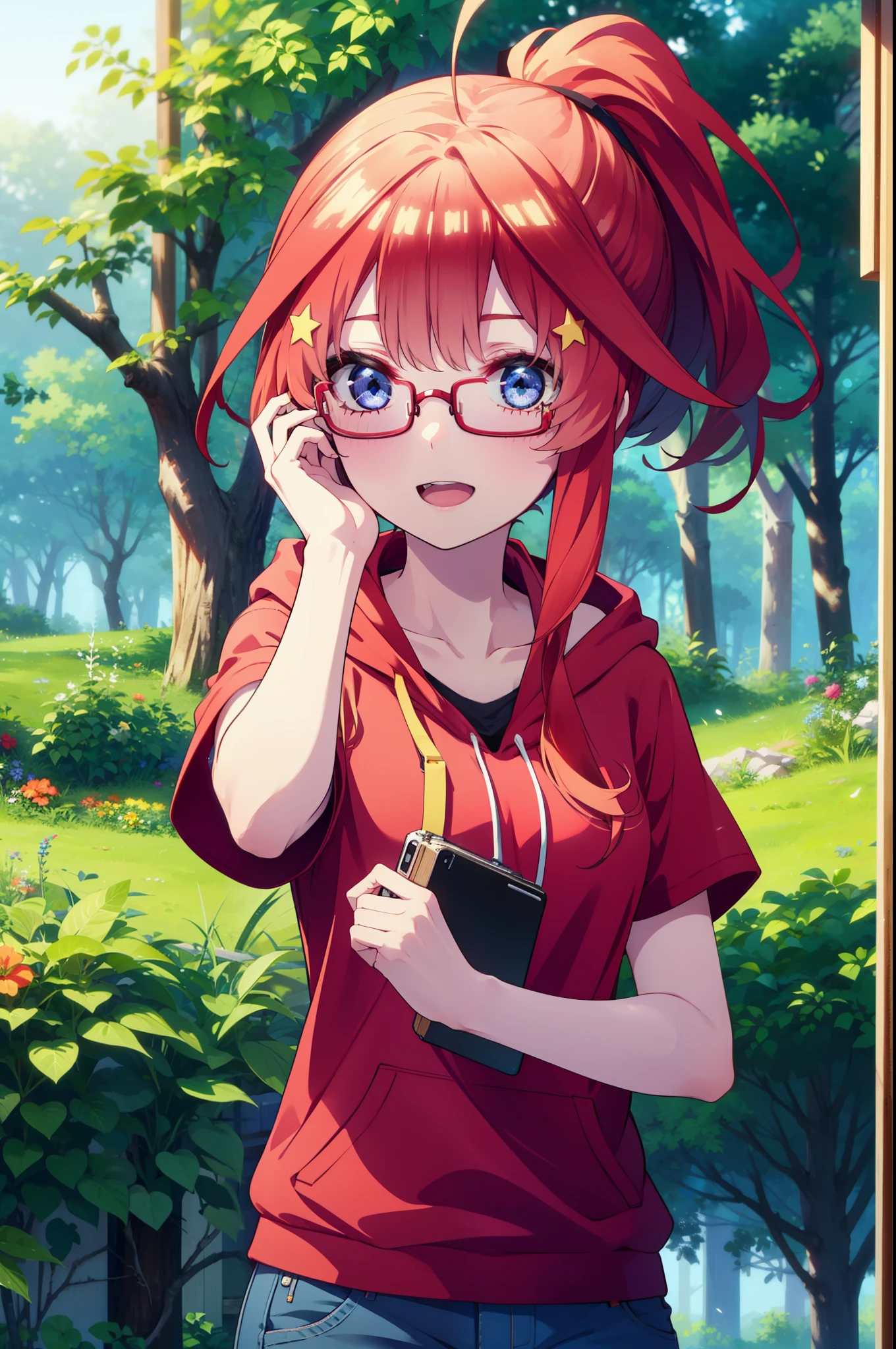 itsukinakano, Itsuki Nakano, bangs, blue eyes, Hair between the eyes, Ahoge, Redhead, star \(symbol\), hair ornaments, star hair ornaments,Akagi glasses, tooth, smile, Open your mouth,ponytail,Red hoodie,Short sleeve,Baseball cap,Food Up,Red Tank Top Shirt,Short denim,Red Knee High Socks,High Top Sneakers,Daytime,sunny,Real Summer,barbecue,tent,
break looking at viewer, Upper Body, whole body,(Cowboy Shot:1. 5)
break outdoors, forest, nature,camp site,
break (masterpiece:1.2), highest quality, High resolution, unity 8k wallpaper, (shape:0.8), (Beautiful details:1.6), Highly detailed face, Perfect lighting, Extremely detailed CG, (Perfect hands, Perfect Anatomy),