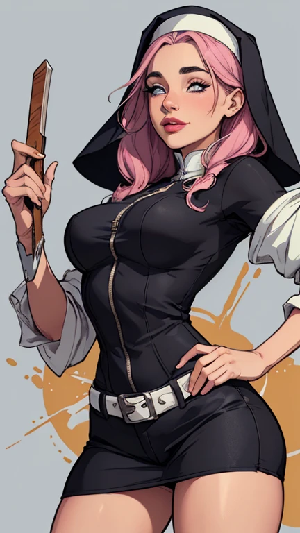 Female character in cartoon style Digital art style illustration Cartoon image of a woman .Ilustra??o estilo desenho animado, estilo de arte dos desenhos animados, Ella Purnel lestilo Cartoon style digital illustration artgerm style cartoon art style, digital illustration style, design de personagens altamente detalhado, arte digital detalhada coragem, Forest fan art, Design de personagens de retrato, beautiful digital illustration, retrato de alta qualidade, Arte em quadrinhos, mulher jovem cabelo com transas lindas . Beautiful lined eyes Medium large bust and wonderful sexy clothes. image expression of sexual desire from waist to waist illustration Ella Purnellstyle Cartoon style digital illustration art style masterpiece, Best quality at best, 1 , Sakura Haruno, seios grandes,Fato ombro a ombro,(decote),(close da parte superior do corpo),Criado sexy,É Shy,sorria,com cabelo rosa, cabelo longo e branco, (Olhos verdes:1.4), Forehead protection, as cerejeiras,Flores de cerejeira voando,red clothes zippergirl,, pequeno, Shy, bunda grande, catholic nun outfit , dynamic pose, Quente, soft or colored lips, fundo simples, perfect hands, anatomia perfeita, Tilt Jennifer Connelly style Cartoon style digital illustration GTA style vampire slayer with a bible in one hand and a wooden stake in the other