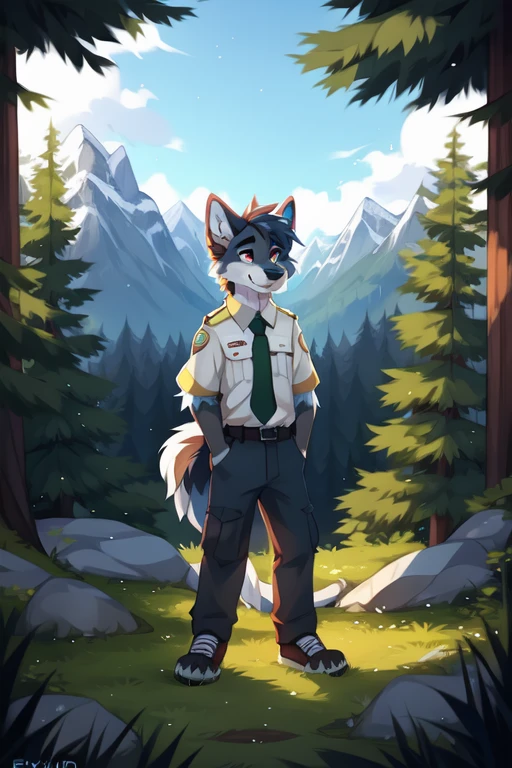 solo,full body,Male,blue Wolf,White stripes on ears,park ranger,trousers,outdoor,park ranger green tie,((Campaign Cover)),Evergreen pine forest and mountains national park in the background,park ranger jeep,Environmental protection area, ((by keihound, by reysi)), by Zackary911, by hyattlen, by fumiko, by fluff-kevlar, Furry, Anthro,