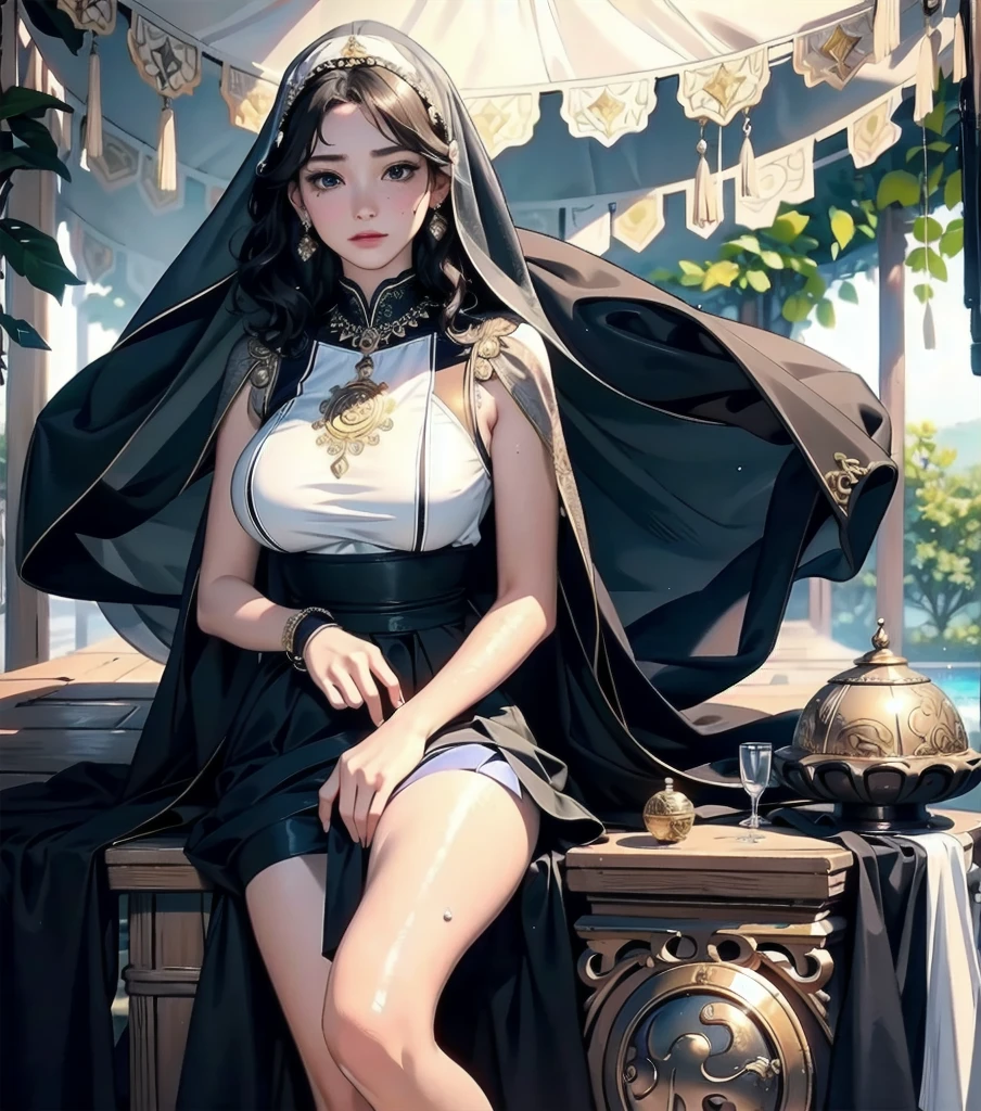 masterpiece, best quality, extremely delicate and beautiful, ultra-detailed, high-resolution, 20 years old, detailed beautiful face, tearful mole, earring, very huge round breasts, short medium hair, wavy hair, wet clothes, full body shot, alone, fortune teller clothes, in gipsy tent, skirt, face veil,