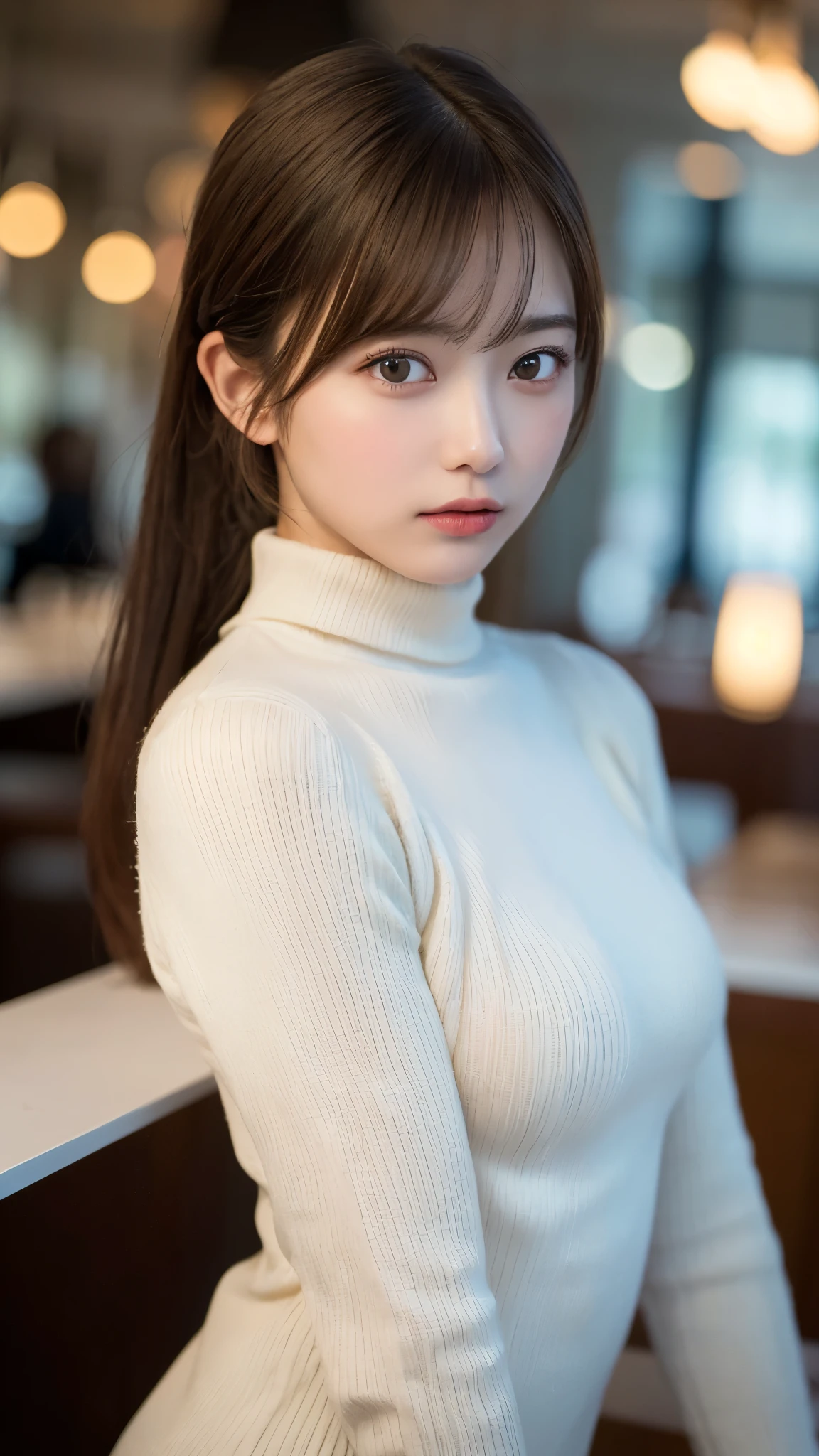 ((NSFW))、(masterpiece:1.5)、(realistic:1.5)、(highest quality:1.4、8K、RAW photo）、 ultra high resolution、professional lighting、perfect dynamic composition、Photographed at a stylish cafe、 film grain、chromatic aberration、(Bokeh:1.1)、 Frank、Sophisticated、charm、Ultra-realistic、high detail、golden ratio、 (1 girl)、slender girl、Delicate and charming girl、cute woman:1.4、 serious expression、looking at the viewer、sculpture installation、Are standing、light brown hair、shining hair、Hair style is ponytail、 skin that looks real、 close your mouth、fine eyes、double eyelid、thin arms、(She is wearing a white turtleneck ribbed sweater dress.:1.3)