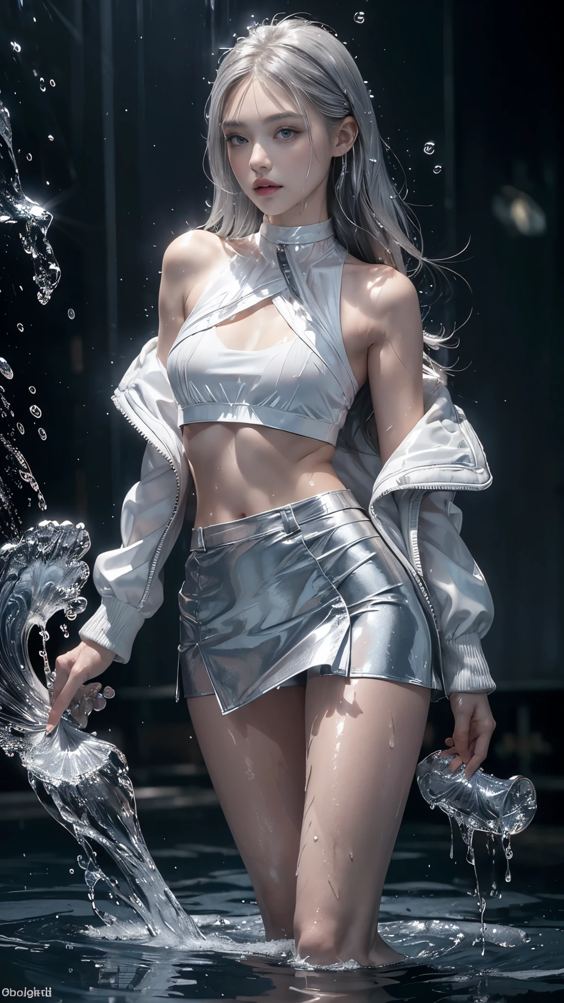 8k, masterpiece, 1 girl, beautiful face, ((very long hair)), glossy makeup, closed mouth, (glossy skin:1.5), detailed eyes, detailed lips, small breasts, silver short jacket, white thin vest, ((silver short mini skirt)), ((under pants)), ((bare thigh)), straps clothing, (water falling:1.4), steam effect, ((water vapor)), adult pose,