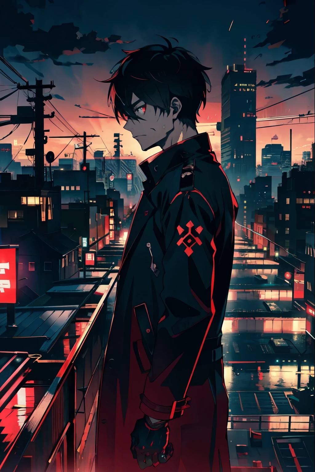 **Prompt:**
"A mysterious cityscape at dusk, under a crimson sky, in anime seinen style. The scene includes a shadowy figure standing on a rooftop, overlooking the neon-lit streets below. High contrast with detailed, gritty urban textures, and a sense of solitude and intrigue. The character is dressed in a dark trench coat, with sharp features and an intense gaze, highlighting the seinen genre's focus on complex stories and mature themes. --ar 9:16--s 0 --v 6.0 --style raw"