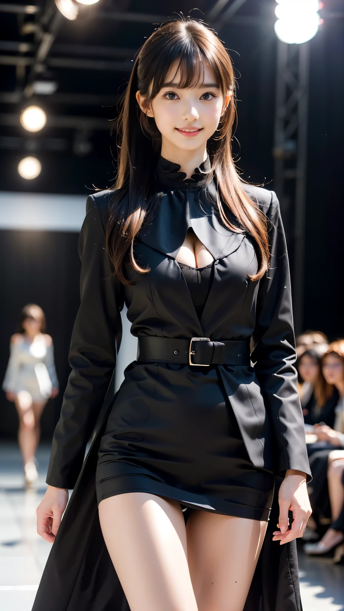 ((Walking the runway at a fashion show)), ( beautiful girl:1.3), (Baby Face:1hole body))), (Slender body line), (Ample breasts:1.3), (Fascinating Cleavage), (Small and slender figure), ((elegant long coat)), (((Unconventional Fashion))), (High Ponytail:1.3), (Parting the bangs:1.3), (Symmetrical long side bangs:1.4), (Bright big eyes:1.3), (high nose:1.3), (Natural Lip Gloss:1.3), (Detailed hand:1.2), (Anatomically correct small hands:1.4), Smile, (Detailed skin texture), (Clear white skin), (Photorealistic:1.4), (Professional Lighting), (Shot with a high-performance camera), (Accurate Shadows:1.2), (((Highest quality, Ultra high definition, Masterpiece))), (looking at the camera:1.3)