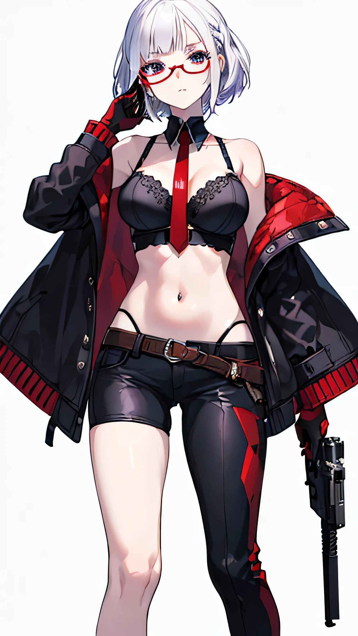 (((Amazing)))(((cool)))(((Detailed)))A cool pretty young girl, white hair, red hair pin clipped, half haircut, innocent face, gloomy expression, detailed violet eyes, slim body, d cup size bust, red and black clothes with belly exposed, determined eyes, holding two hand guns, half pants, white skin, pretty skin, gorgeous face, innocent look, standing proud, gloves on, half jacket around her shoulders, straps on her thighs, dark fiery background, good quality graphics, detailed figures, with glasses. 