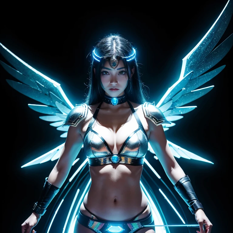 cyber punk, mystery, One Woman, Warrior Princess with a sacred spear, With shining wings on his back, Silver armor, I can see my belly button, Gods of the World々Fusion with, none, charm, Alluring, battle, like, GLOW,
