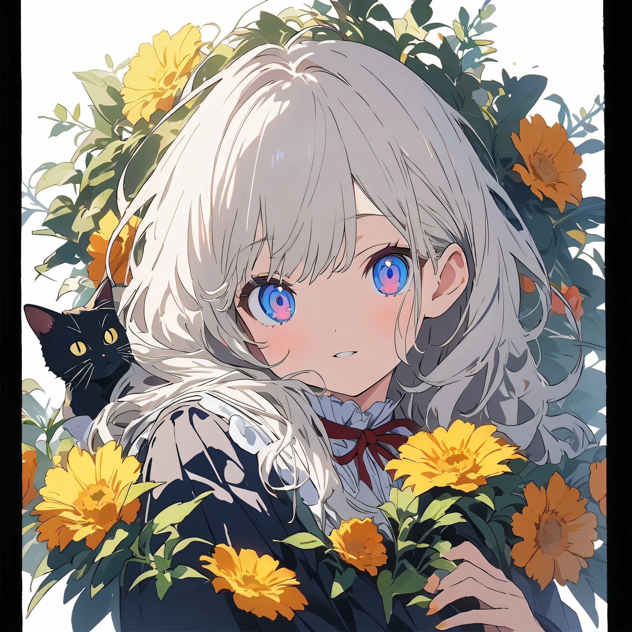 (Pure white background:1.8),anime style, blond girl with a black hat sitting on top of books and a cat, patterned background, full body portrait, surrounded by flowers and plants, retro patterns, dark green and light yellow, intricate details, high resolution, vintage style. --ar 3:4 --niji 6 --s 1000 --style raw,((figure、High quality 8k))、(highest quality、masterpiece、High resolution、detailed)、anime style、Flat Style, BREAK,flat color, flat shading、extremely detailed、eyes shining colors illuminated light, Delicate and beautiful face, (The Shining), Best lighting, Best Shadow、High saturation,Dynamic Angle、Moe anime official art、anime