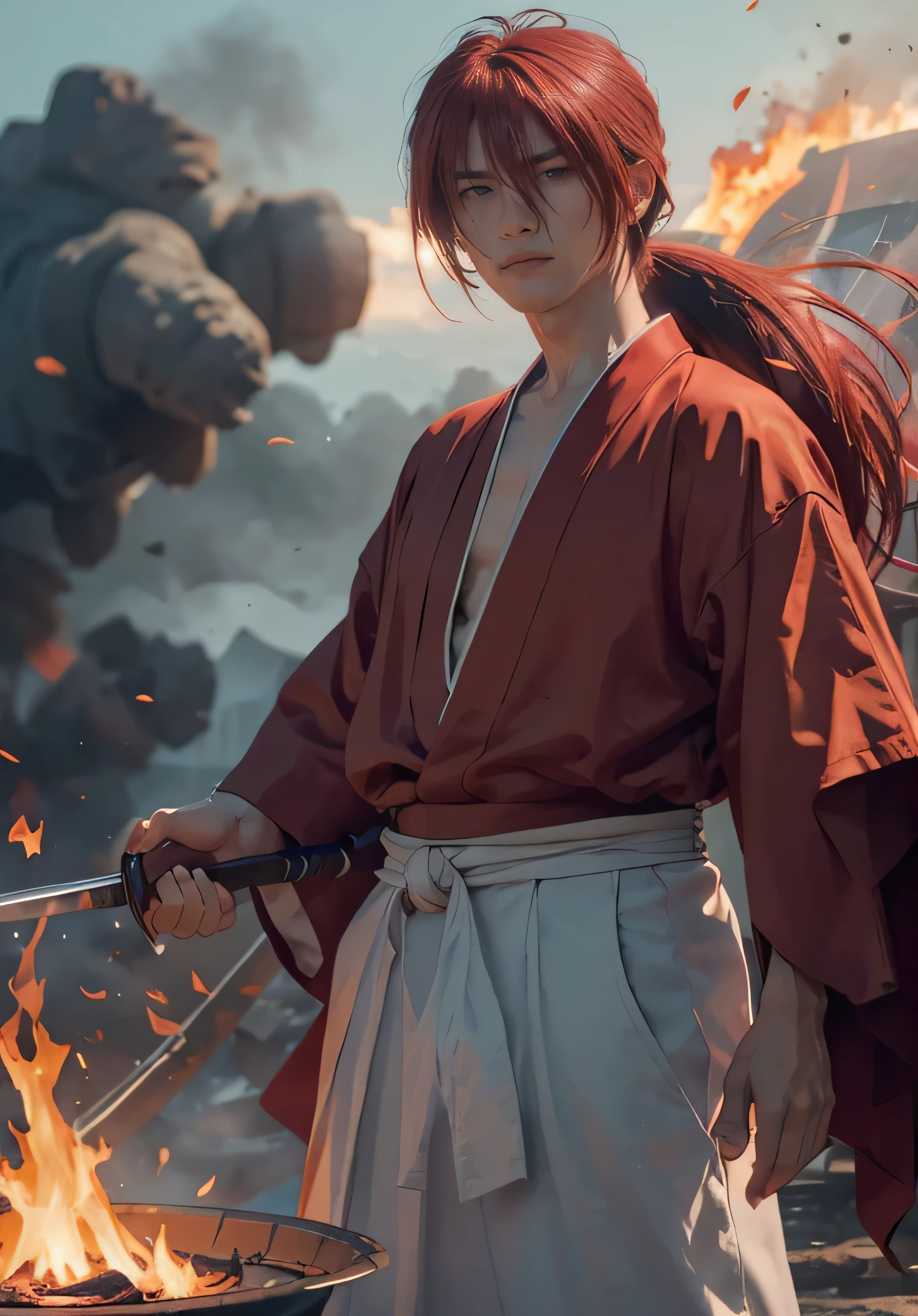 Design amazing postereatures kenshin as the protagonist "Rurouni Kenshin" In the heat of the moment. Capture the essence of his burning determination and indomitable spirit. For he unleashed his anger. Action with a straight sword in hand, Keep it short, Bold, And strongly convey the raw power of Kenshin's anger. Long Hair, ponytail, Red Hair, katana, cross sign in left cheek, High quality, photorealistic, 20-year-old man, holding a Katana in his hand, surrounded by fire. The man has a determined posture, He is wearing a red kimono with intricate patterns, paired with a white hakama .The lighting is realistic, emphasizing the intensity of the scene.