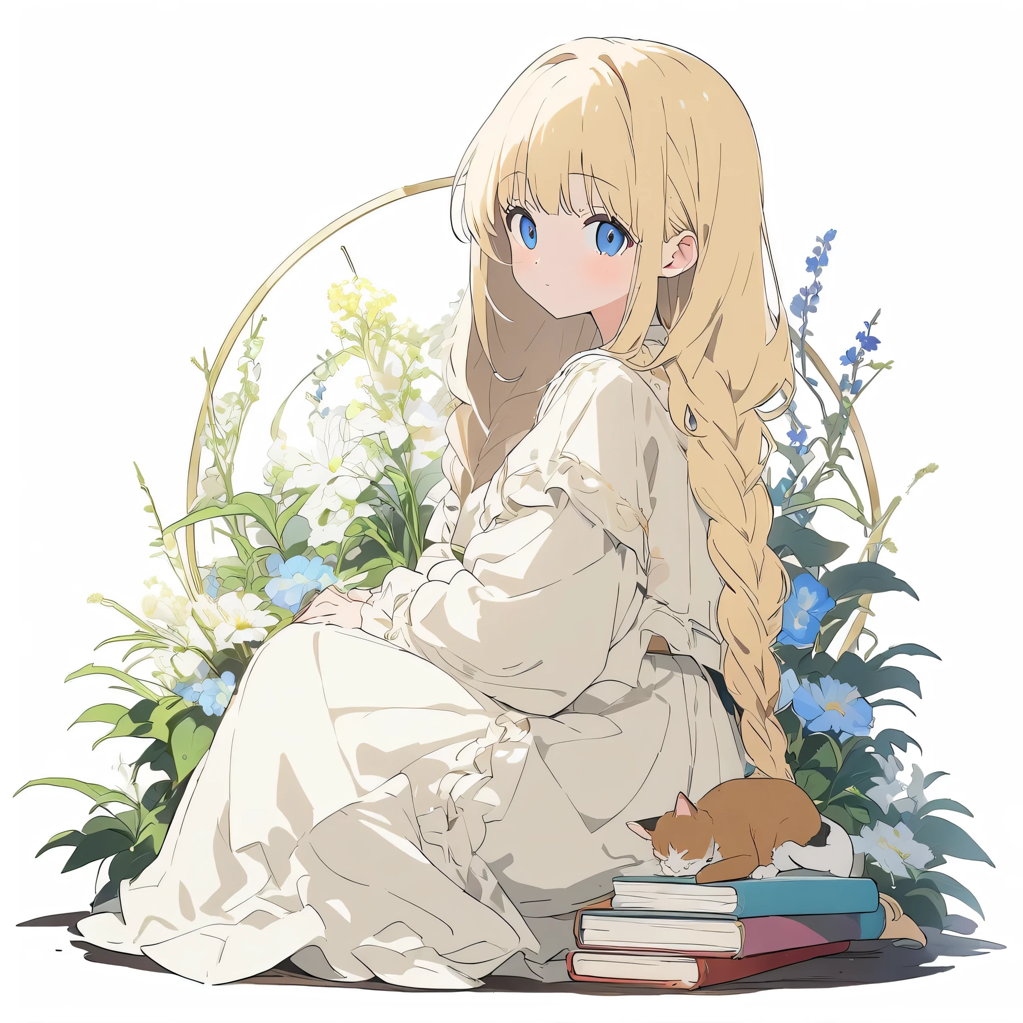(Pure white background:1.8),anime style, blond girl with a black hat sitting on top of books and a cat, patterned background, full body portrait, surrounded by flowers and plants, retro patterns, dark green and light yellow, intricate details, high resolution, vintage style. --ar 3:4 --niji 6 --s 1000 --style raw,((figure、High quality 8k))、(highest quality、masterpiece、High resolution、detailed)、anime style、Flat Style, BREAK,flat color, flat shading、extremely detailed、eyes shining colors illuminated light, Delicate and beautiful face, (The Shining), Best lighting, Best Shadow、High saturation,Dynamic Angle、Moe anime official art、anime
