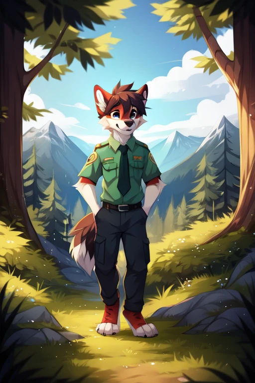 solo,full body,Male,Gray Wolf,park ranger,trousers,outdoor,park ranger green tie,((Campaign Cover)),Evergreen pine forest and mountains national park in the background,park ranger jeep,Environmental protection area, ((by keihound, by reysi)), by Zackary911, by hyattlen, by fumiko, by fluff-kevlar, Furry, Anthro,