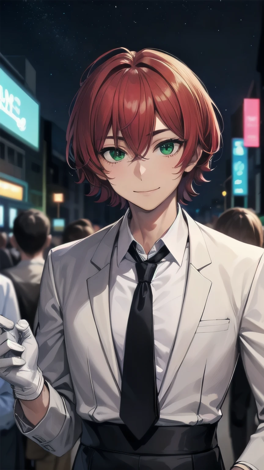 (masterpiece), ((sfw)), best quality, expressive eyes, perfect face, mature male, (1boy, adult Man, young adult, handsome man), solo, red hair BREAK bob cut, green eyes BREAK (tanned skin, tanned male), formal outfit, black outfit, necktie, white gloves BREAK standing, closed mouth, pov, city lights, night streets, ((crowd, people)), night sky, starry sky, smile 