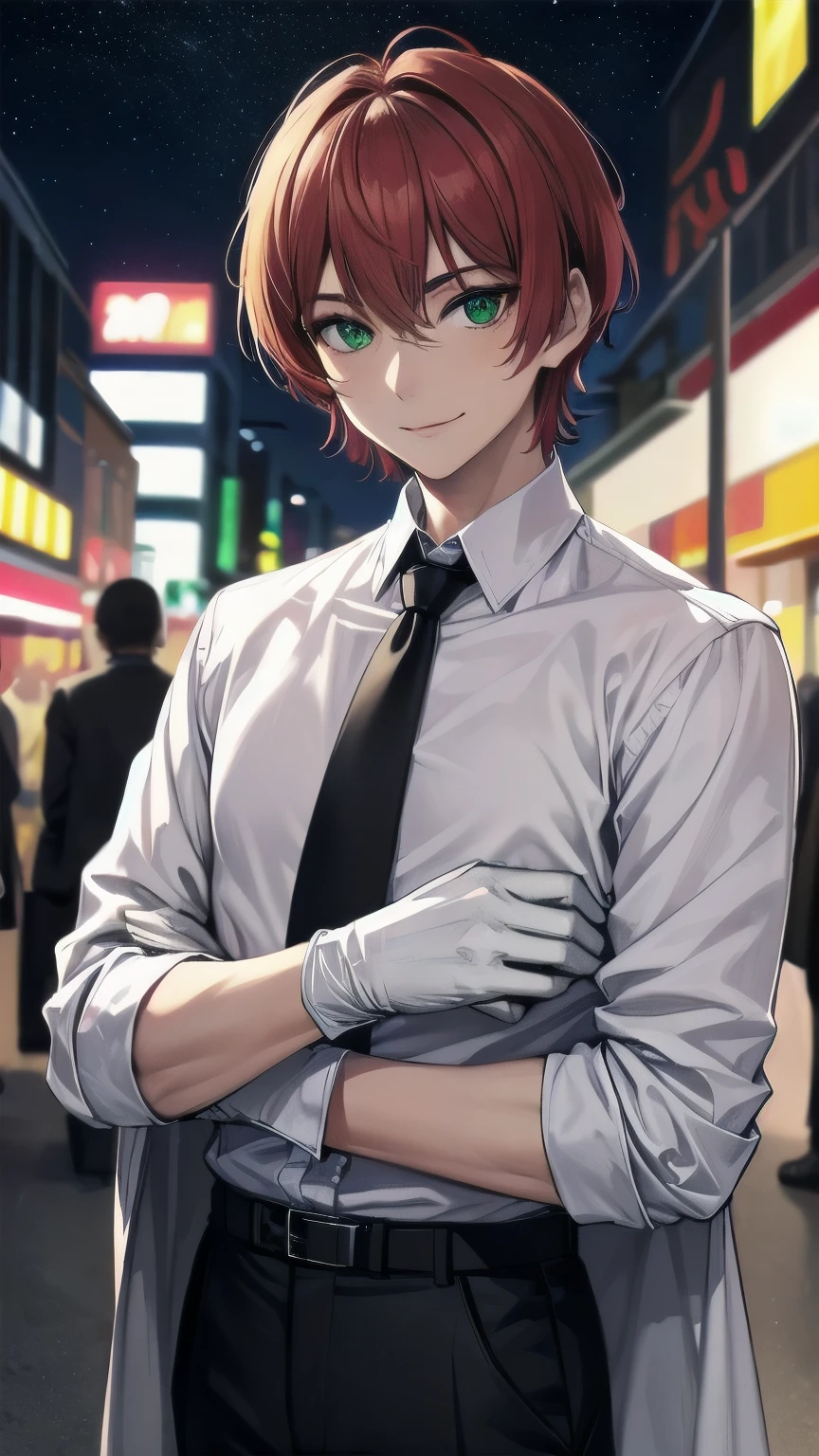 (masterpiece), ((sfw)), best quality, expressive eyes, perfect face, mature male, (1boy, adult Man, young adult, handsome man), solo, red hair BREAK bob cut, green eyes BREAK (tanned skin, tanned male), formal outfit, black outfit, necktie, white gloves BREAK standing, closed mouth, pov, city lights, night streets, ((crowd, people)), night sky, starry sky, smile 