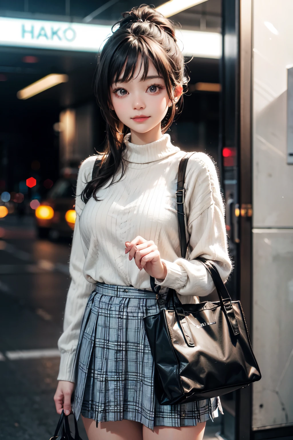 very cute and beautiful girl,(highly detailed beautiful face),
(smile:1.2),happy,embarrassed,looking at viewer,argyle sweater,cowboy shot,(white and pink plaid skirt),
standing in front of hotel entrance in modern capital city,night,holding tote bag,black hair,low ponytail,
(best quality,masterpiece),absurdres,highres,ultra-detailed,extremely detailed,32k,8k resolution,
intricate details,cinematic scene,detailed background,solo,dynamic angle,