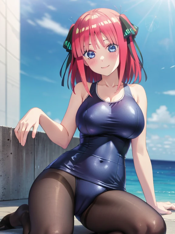 best quality, ultra-detailed masterpiece, anime art style, cute character, nino nakano, large breasts, blush, smile, one-piece swimsuit, pantyhose, sprawl