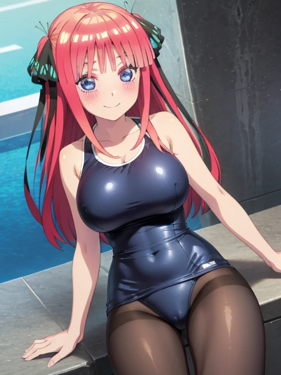 best quality, ultra-detailed masterpiece, anime art style, cute character, nino nakano, large breasts, blush, smile, one-piece swimsuit, pantyhose, sprawl