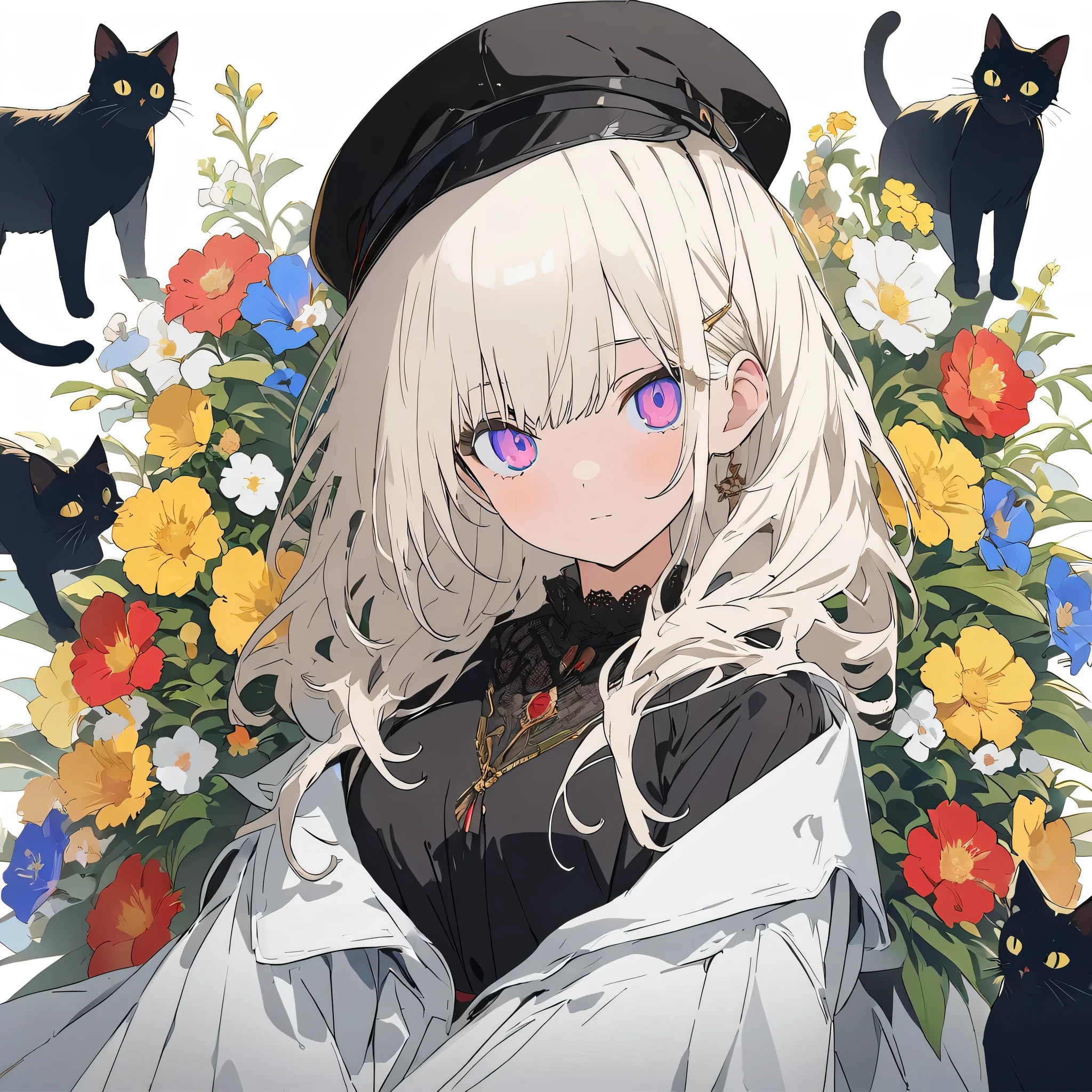 (Pure white background:1.8),anime style, blond girl with a black hat sitting on top of books and a cat, patterned background, full body portrait, surrounded by flowers and plants, retro patterns, dark green and light yellow, intricate details, high resolution, vintage style. --ar 3:4 --niji 6 --s 1000 --style raw,((figure、High quality 8k))、(highest quality、masterpiece、High resolution、detailed)、anime style、Flat Style, BREAK,flat color, flat shading、extremely detailed、eyes shining  colors illuminated light, Delicate and beautiful face, (The Shining), Best lighting, Best Shadow、High saturation,Dynamic Angle、Moe anime official art、anime