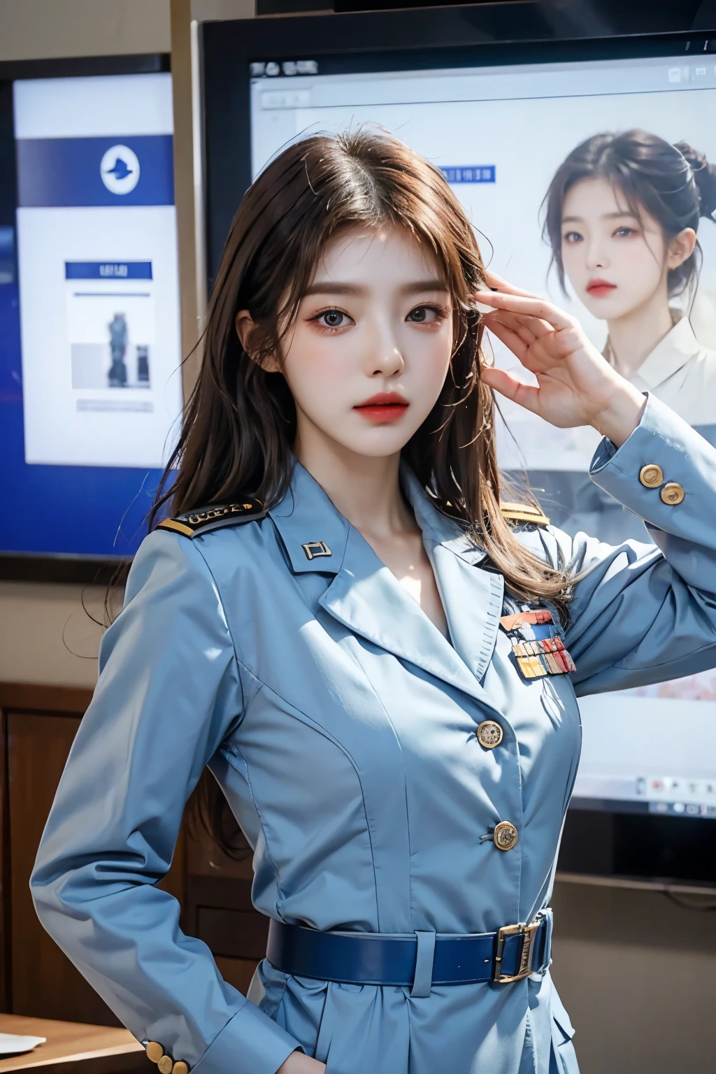 사진을 위해 제트기 앞에 서서 포즈를 취하는 Air Force Uniform을 입은 여성, korean beauty,  Air Force Uniform, salute posture, Put it in one hand pocket, pilot,