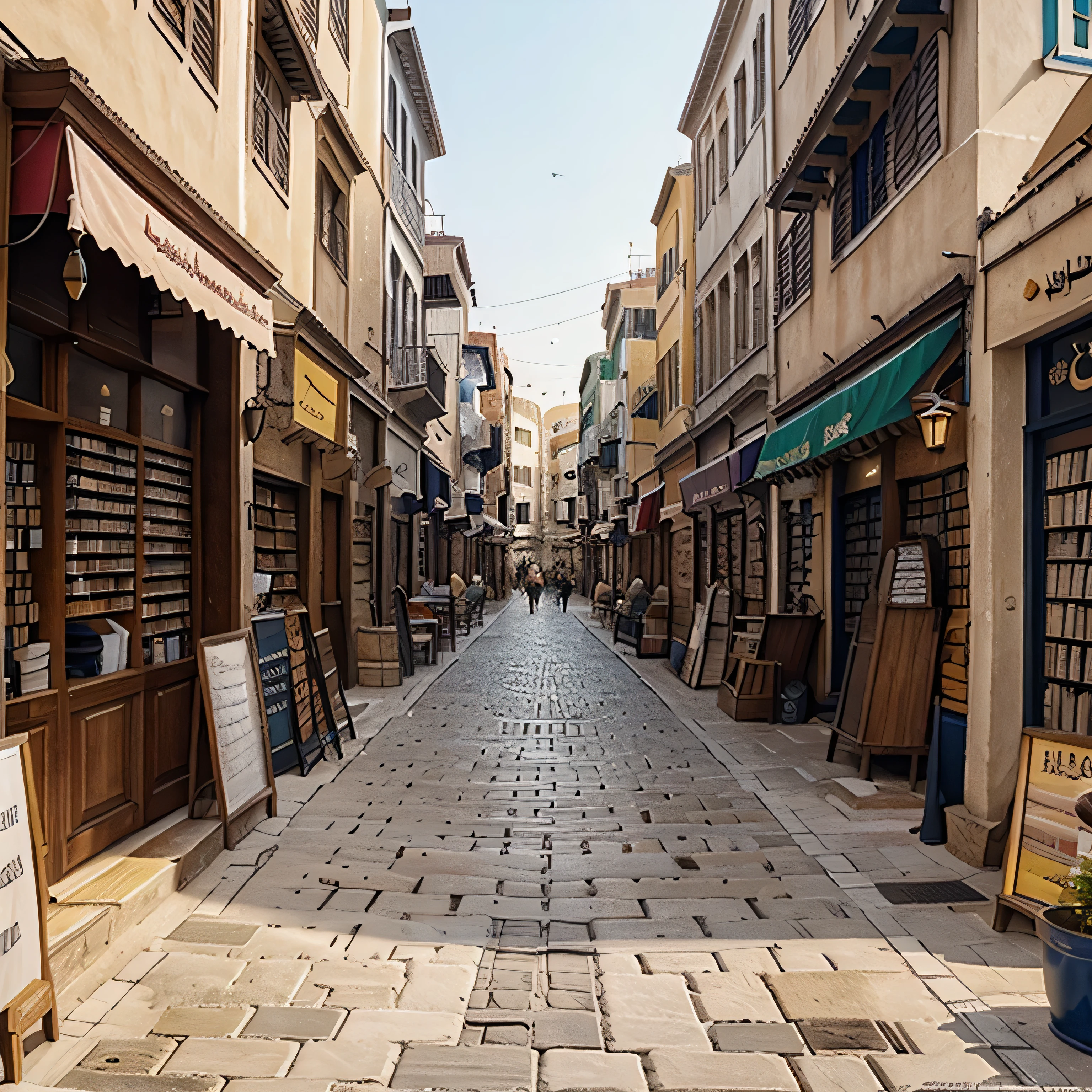 A plongee colored picture with middle east and european stilish street with a sanded groung with shops on each side(left and righ) like coffee shops and libraries.