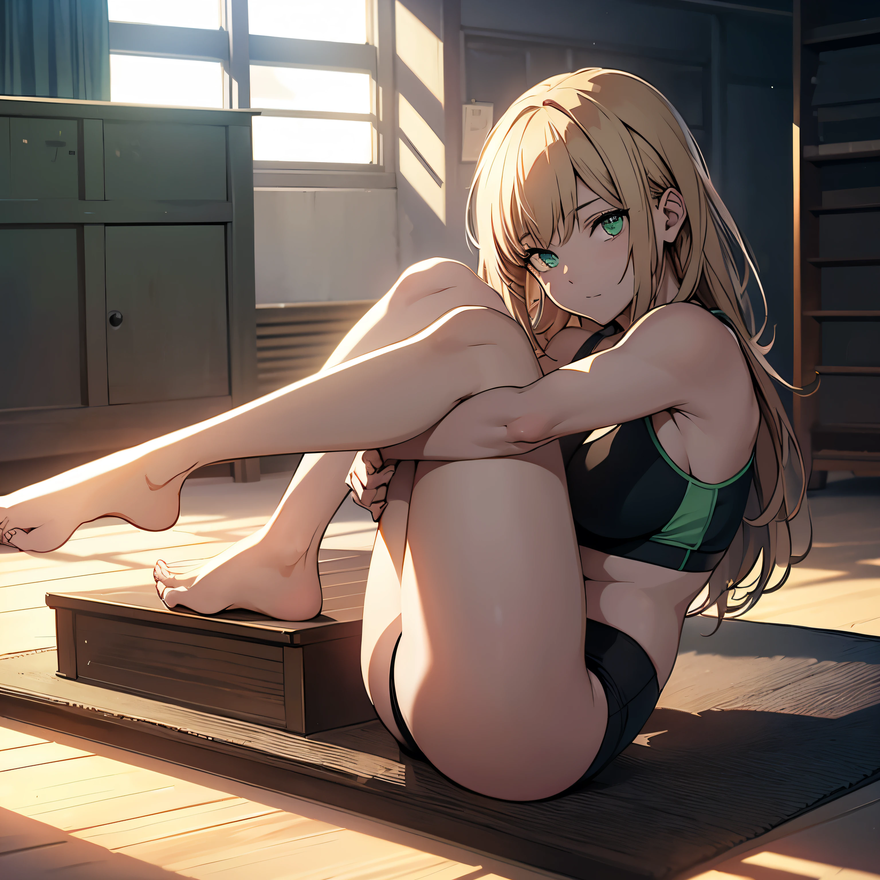 (Very detailed CG Unity 8k wallpaper)、(masterpiece)、(highest quality)、(Very detailed)、(Best illustrations)、(Best Shadow)、Side angle、alone、One Girl、Green Eyes、Big Eyes、((Show your side))、((Lying down))、((whole body))、((Yoga poses))、side、Leg spread、Sports Bra、Relaxing lighting、Bright colors、Natural light、side sweat、180°Leg spread
