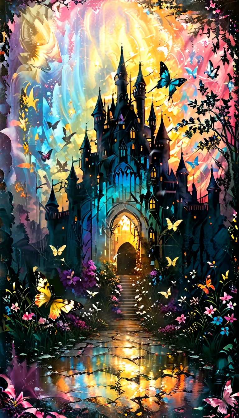 (a very beautiful castle\(full body\)),colorful butterflies,many flowers and petals,colorful,pastel color, BREAK ,quality\(8k,wallpaper of extremely detailed CG unit, ​masterpiece,hight resolution,top-quality,top-quality real texture skin,hyper realisitic,increase the resolution,RAW photos,best qualtiy,highly detailed,the wallpaper,cinematic lighting,ray trace,golden ratio,\),focus on castle,landscape,long shot