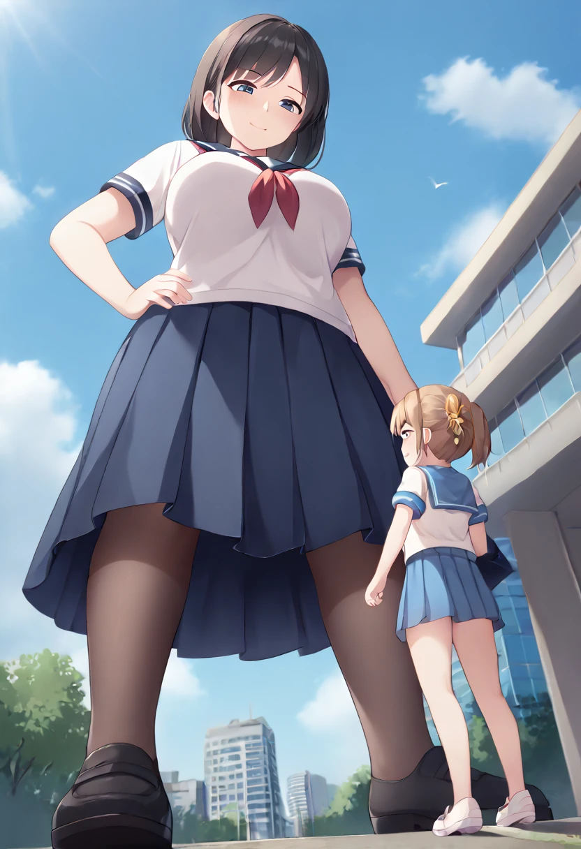 (height difference: 2), (size difference: 1.7), (outside), (a miniature woman in front of the shoes of a giantess), (2girls: 1.4), (woman), (breast envy: 1.1), (looking at another: 1.2), (looking down at her: 1.3), serafuku, (miniature woman next to the shows of a giantess), (tall cute mature girl: 1.3), (from below view: 1.3), foreshortening