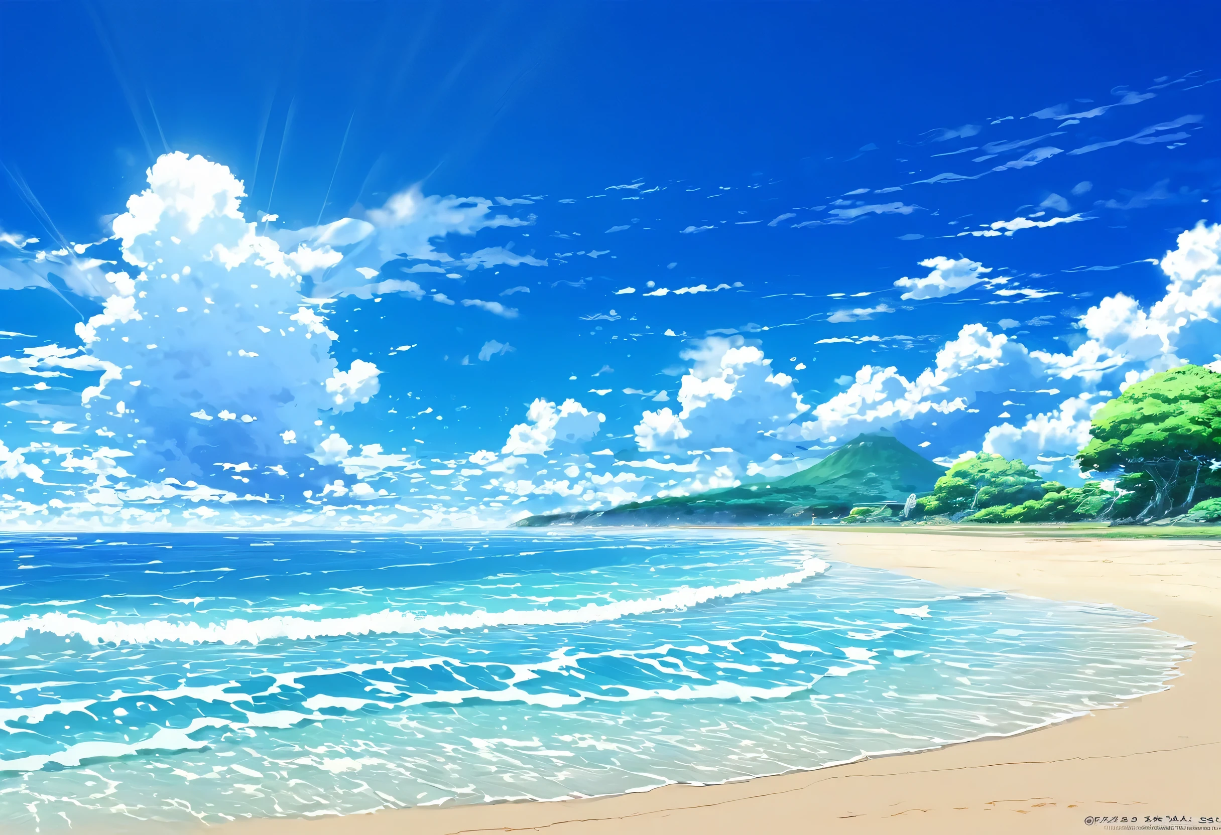 Beach with blue sky and clouds in the background, Digital Art:Kose Kanaoka, Pixiv, Conceptual Art, Detailed Landscape — Width 672, Anime Background, Ocean Background Setting, Beach Background, Anime Background art, watermark:-1, Pixta. Japanese, Pixta.Japanese, Beautiful peaceful scene in anime, Landscape Background