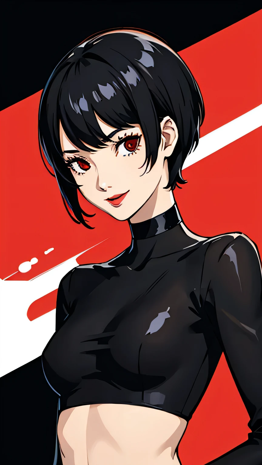 1 girl, Red eyes, very Short hair, black choker, lipstick, half body, smile, black hair, small breast,